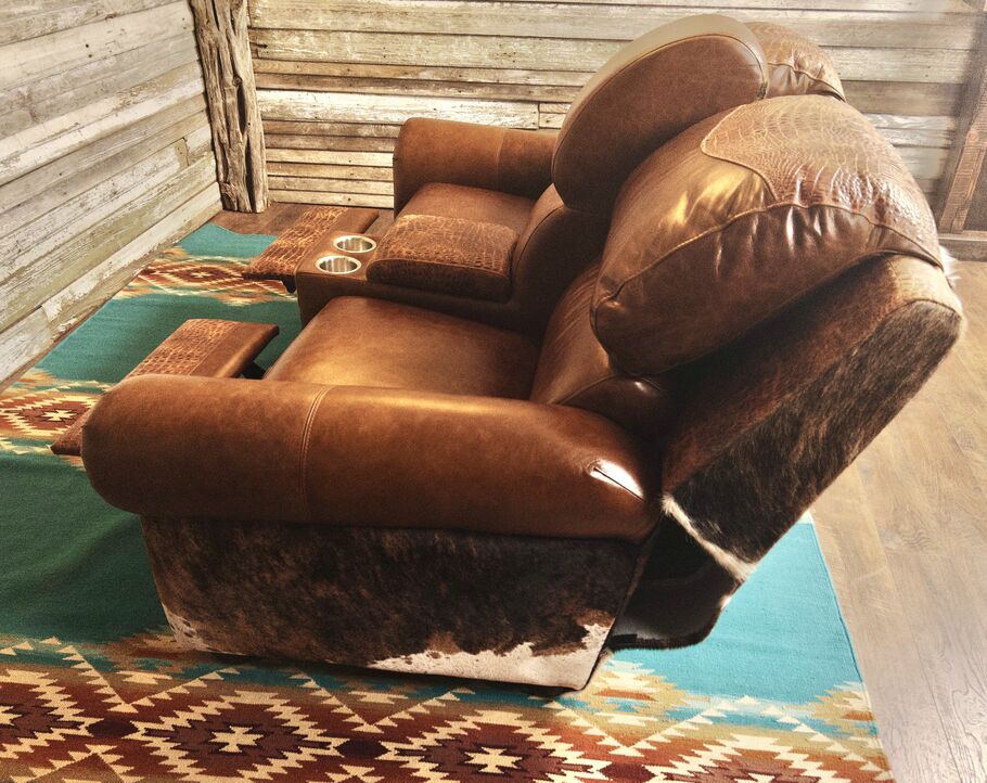Giovanni Theater Reclining Love Seat shown fully reclined, illustrating its space-saving incliner feature that requires only 7 inches of clearance.