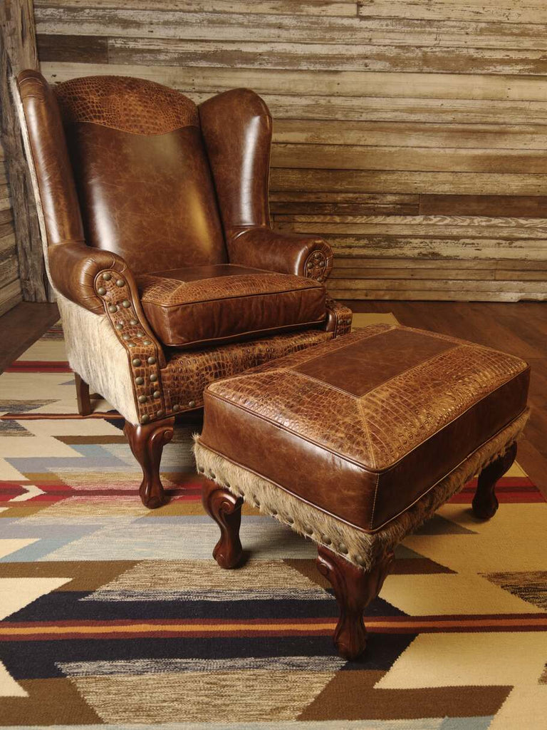Giovanni Wingback Chair displayed alongside the Giovanni Small Ottoman, showcasing a perfectly coordinated western-style furniture set.