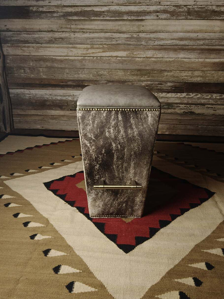 Greystone Barstool with Saloon Fossil leather seat and grey brindle accent at the base, showcasing its refined Western elegance.