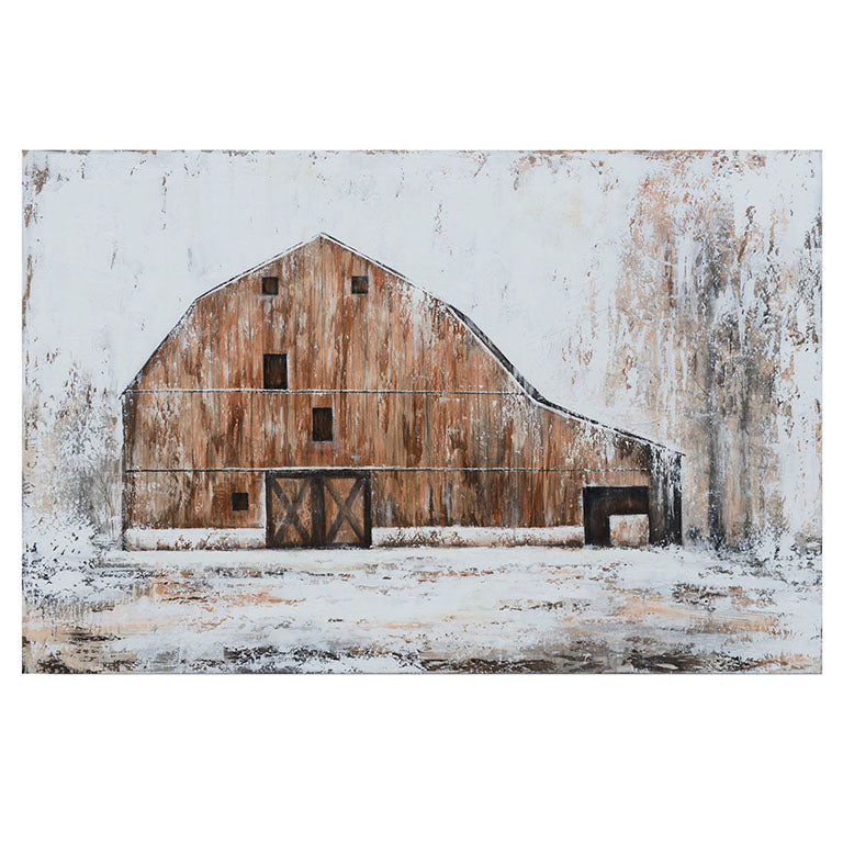 Wooden barn in a snowy landscape with abstract art style