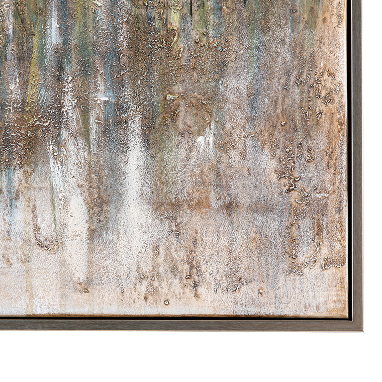 Abstract art with metallic textures in brown, silver, and gold on a white background