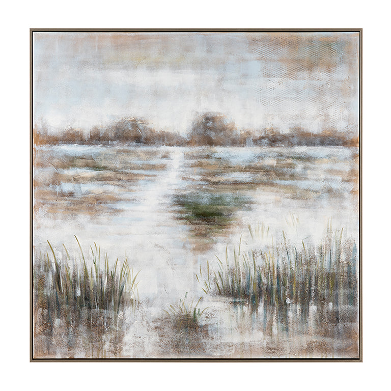 Abstract landscape painting with water and grass on a white background