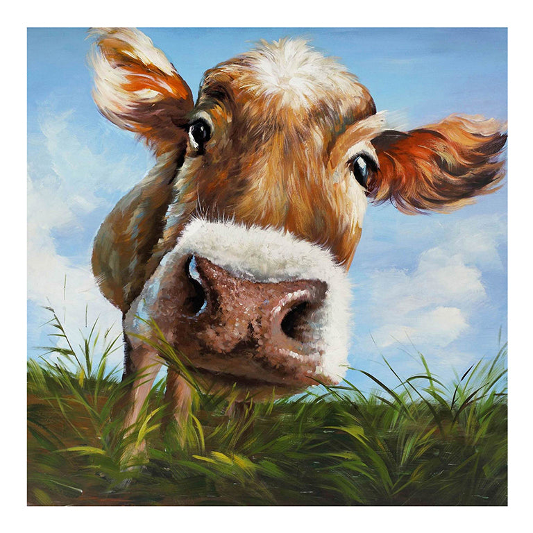Painting of a cow with a blue sky and clouds in the background