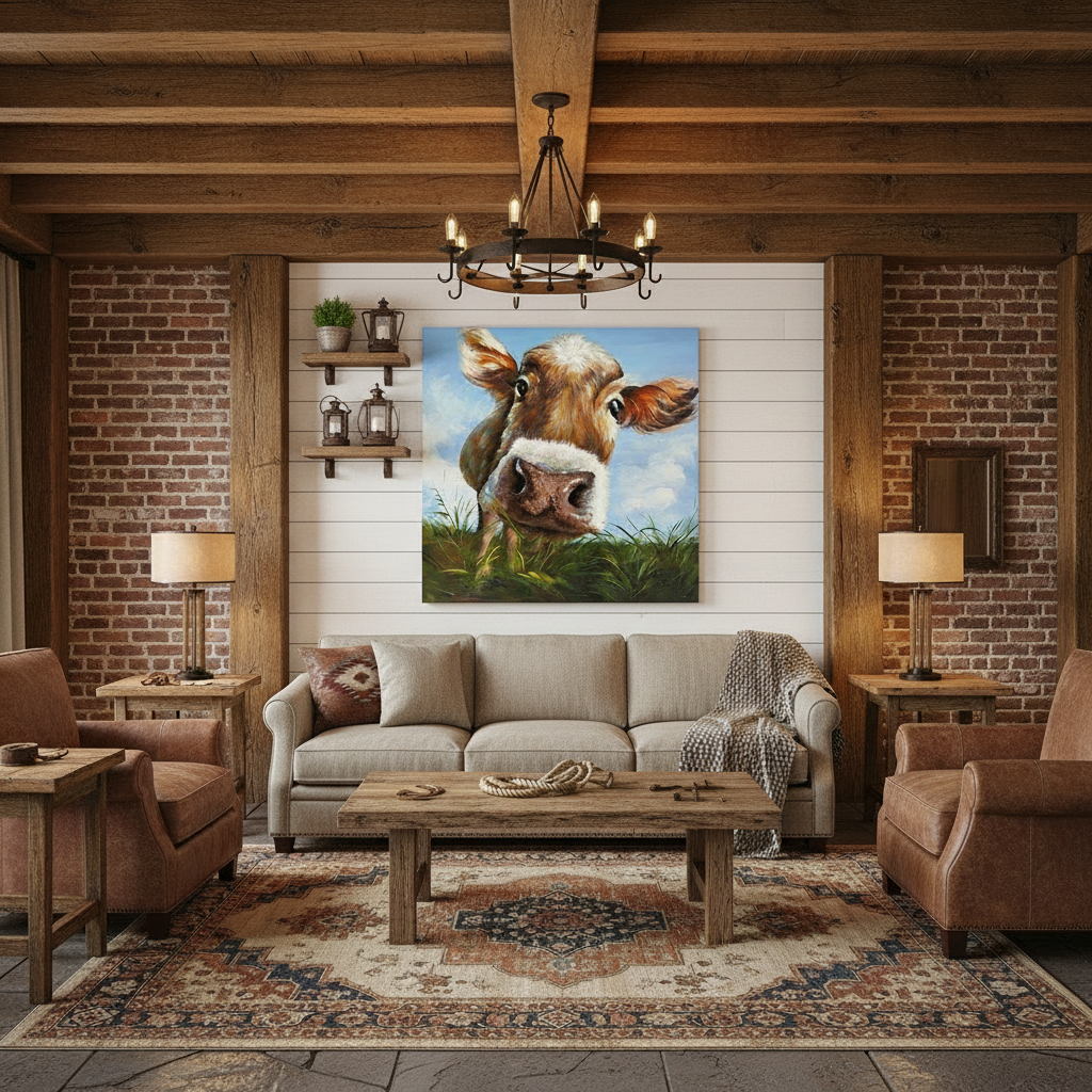 Living room with a cow painting on the wall, beige sofa, and wooden coffee table.