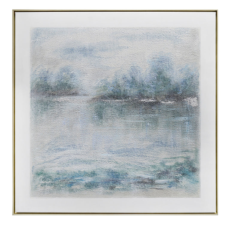 Abstract painting with blue and gray tones in a gold frame.