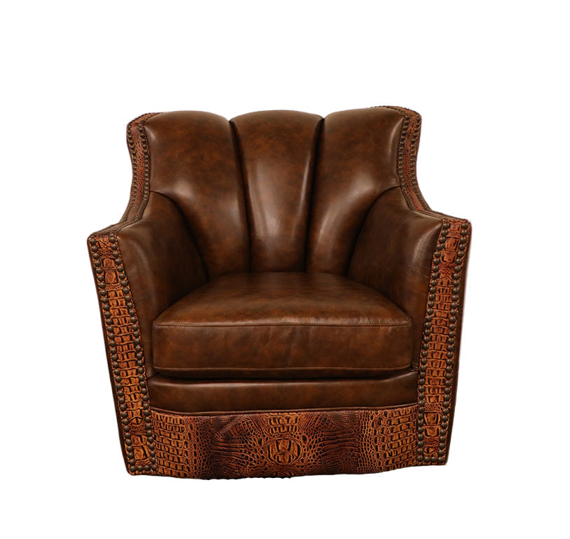 Brown leather armchair with butternut embossed leather on the front arm posts and arm rests on a white background