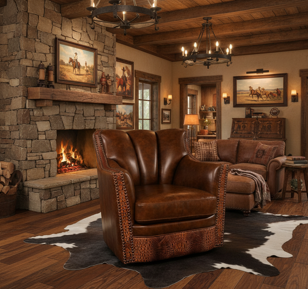 Cozy living room with stone fireplace, leather furniture, and cowboy decor.