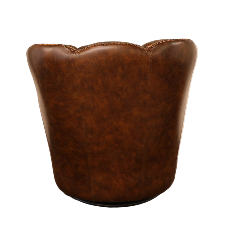Back side view of a brown leather chair on a white background