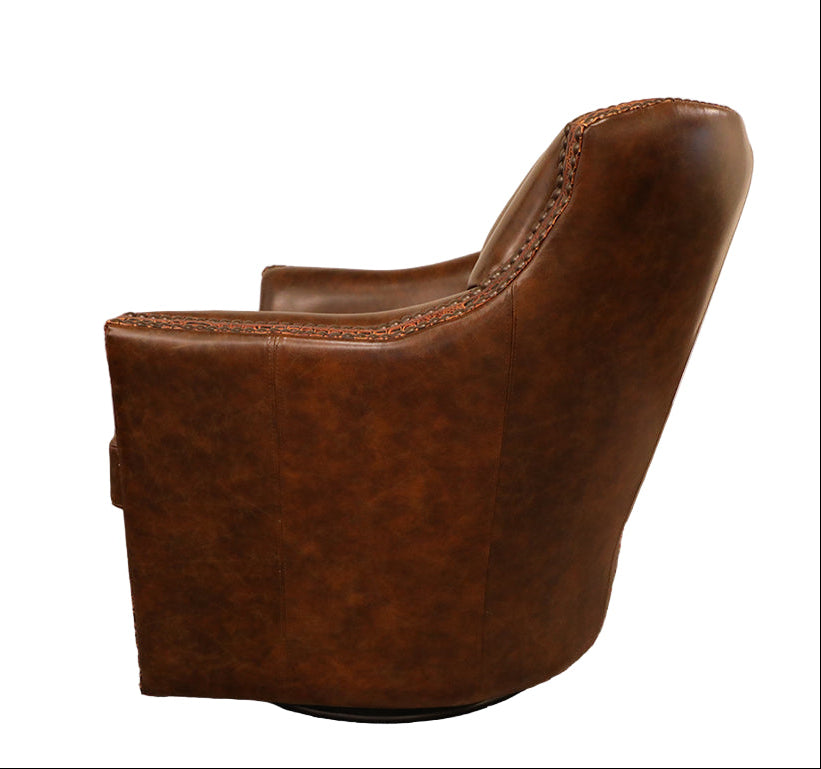 Side view of brown leather armchair.
