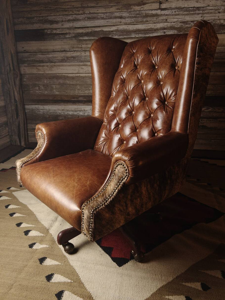 Honcho Executive Chair showcasing Giovanni Light Brown leather upholstery with light exotic brindle cowhide accents.