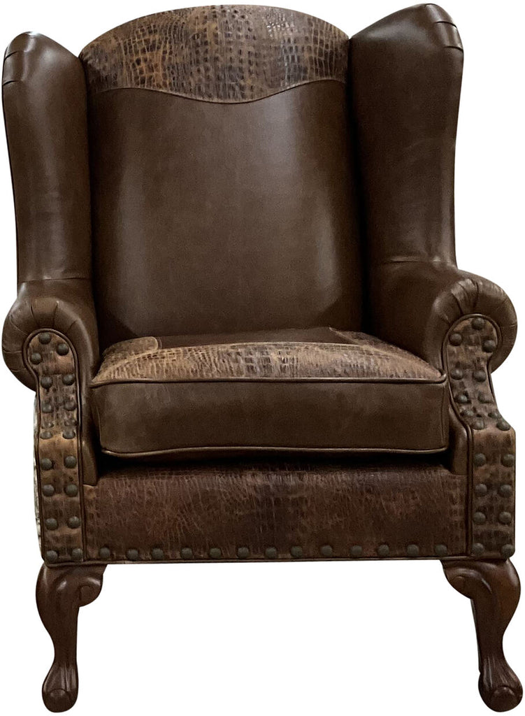 The Honcho Wingback Chair in Galveston Light Brown leather with Gator Hornback Rustic Cognac accents and light exotic brindled cowhide on the wings and back.