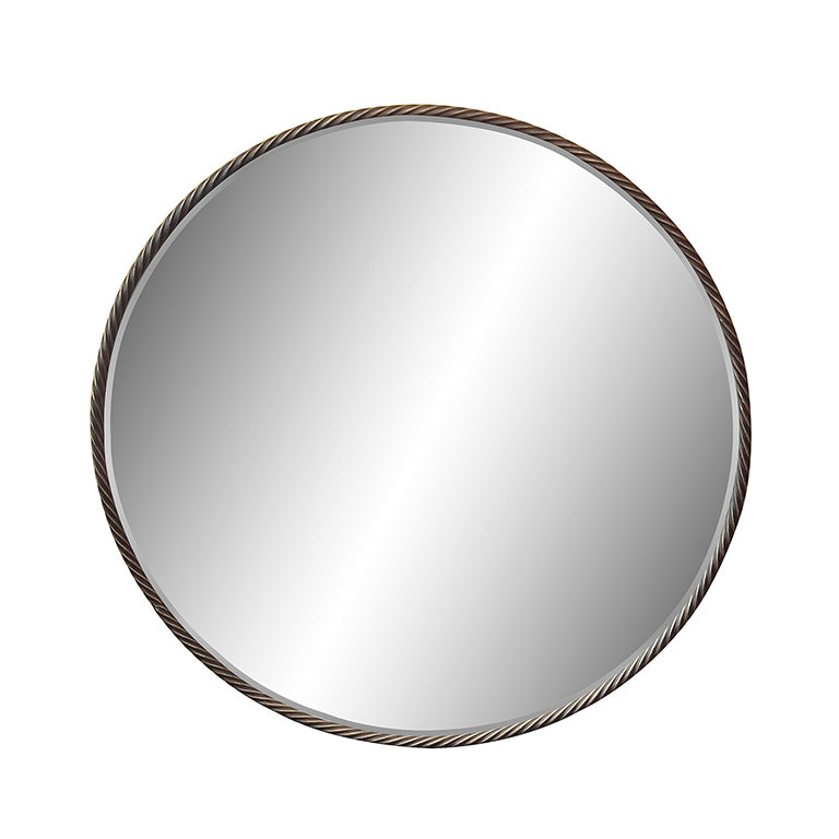 Round mirror with decorative brown frame on a white background