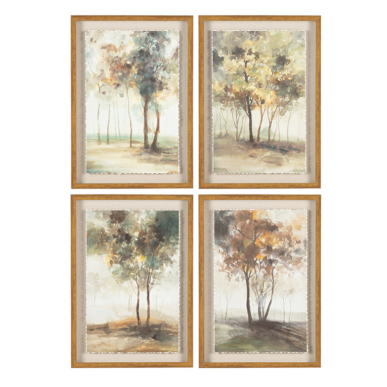 Set of four framed prints with tree scenes on a white background