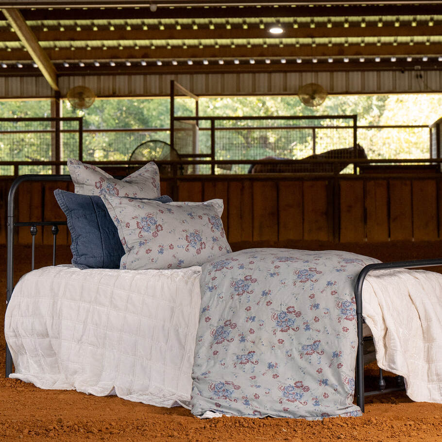 Isabelle Washed Denim Bedding Set featured in a modern farmhouse bedroom setup.