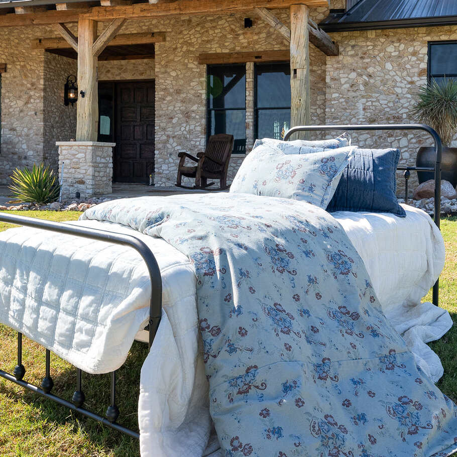 Twin-sized Isabelle Washed Denim Bedding Set with vibrant floral motifs on a denim backdrop.​