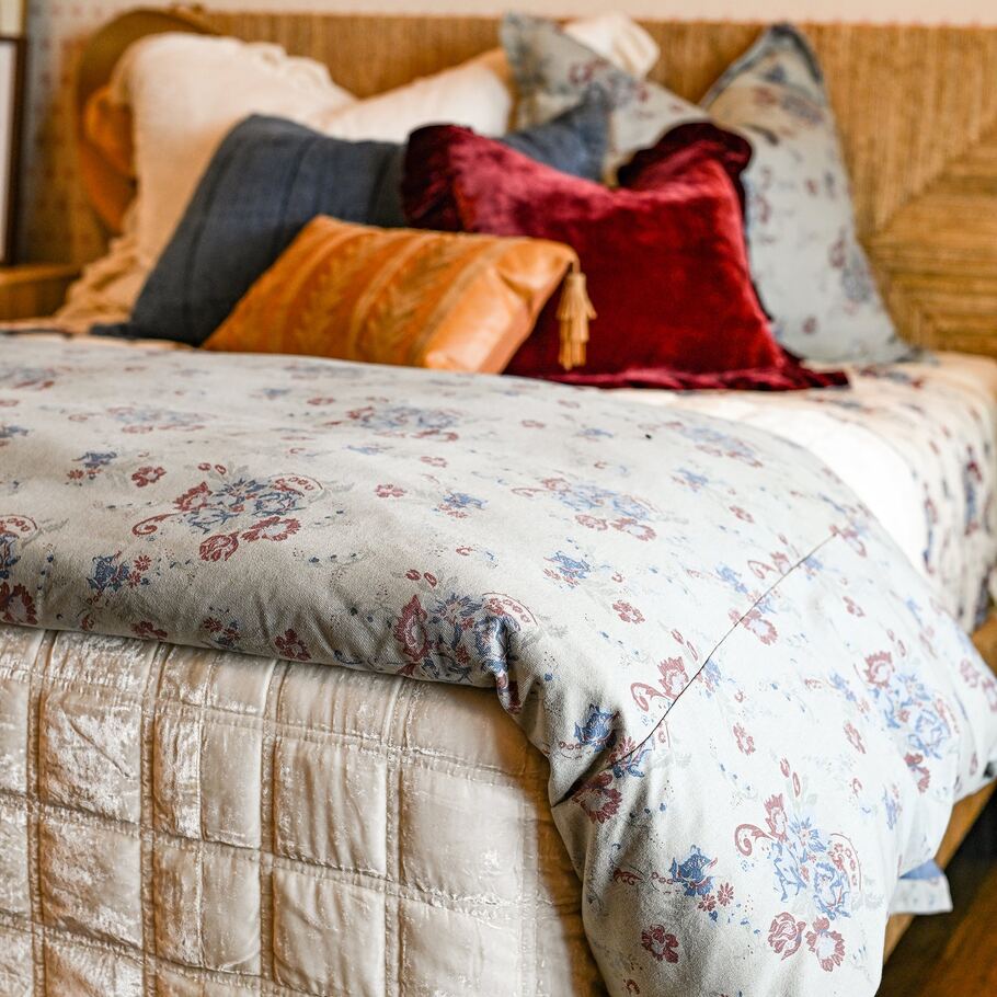 Isabelle Washed Denim Bedding Set styled with matching throw pillows for a cohesive look.