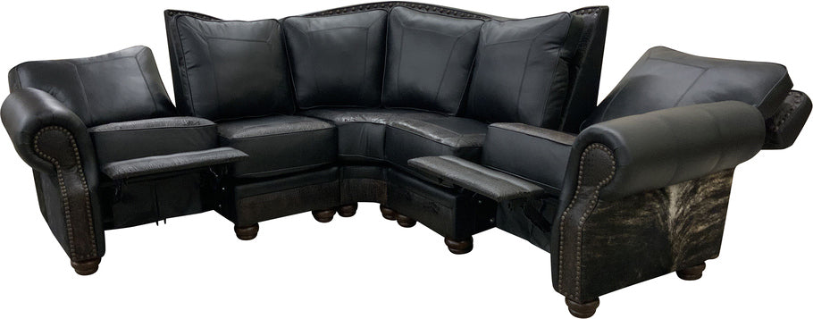 The Jet Black Double Reclining Sectional Sofa in a partially reclined position, showcasing its built-in recliners for added relaxation.
