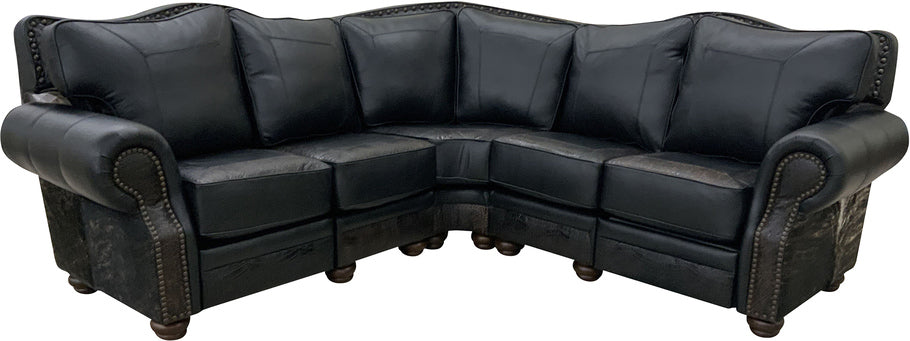 A front view of the Jet Black Double Reclining Sectional Sofa, featuring Fendi Night leather, Walkabout Croc accents, and medium exotic cowhide detailing.