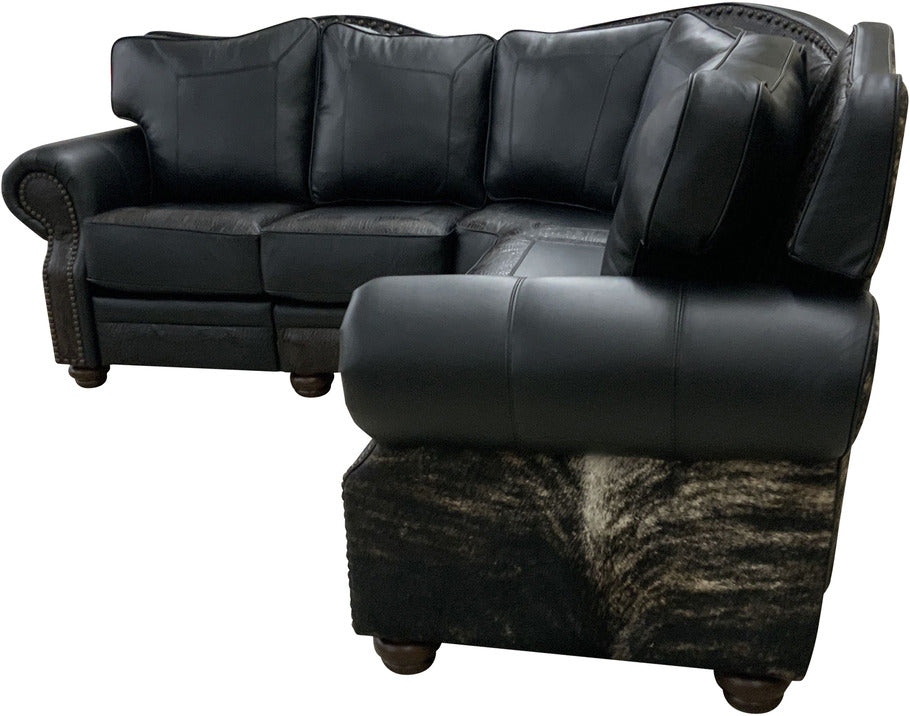 A close-up of the Fendi Night leather upholstery on the Jet Black Double Reclining Sectional Sofa, highlighting its smooth texture and rich color.