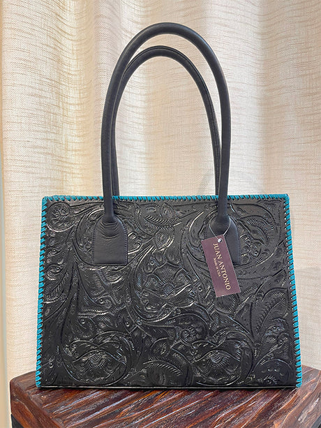 Juan Antonio Black Floral Embossed Leather Tote with  display picture 2