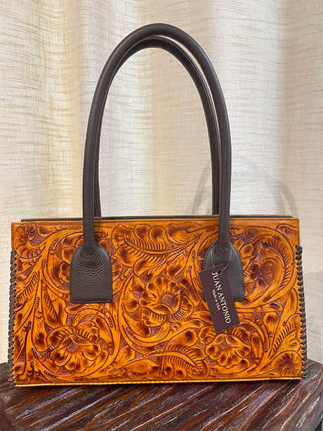 Juan Antonio Floral Embossed Tooled Mocha Leather Tote Bag