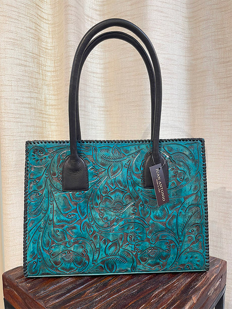 Juan Antonio Floral Embossed Turquoise Leather Tote – Western Passion