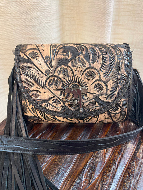 Juan Antonio Small Square Hand Painted Black Crossbody Bag Western Passion