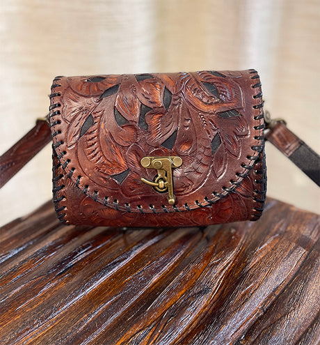 Juan Antonio Small Tooled Brown with Black Inlay Square Crossbody