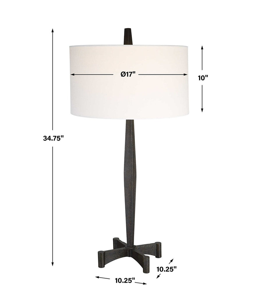 Modern Katana Table Lamp with a distressed black base and industrial-style foot detailing.