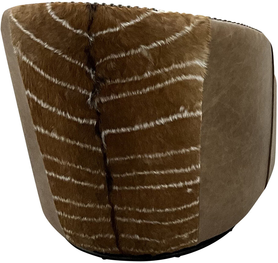 The back of the Koodoo Swivel Chair, featuring an exotic Kudu hide panel, adding a unique rustic charm to this Western safari-inspired accent chair.