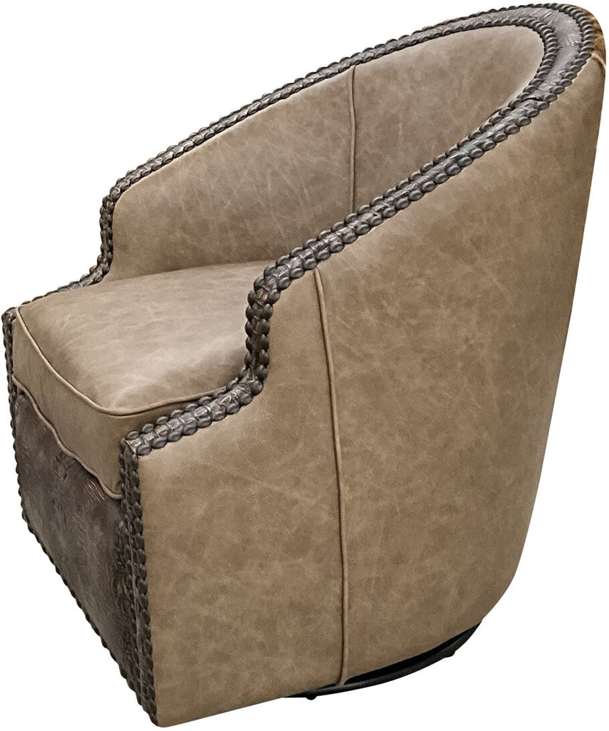 Side view of the Koodoo Swivel Chair showcasing its rich Palio Camel leather, Croc Copper Brown accents, and plush cushioning for superior comfort and elegance.