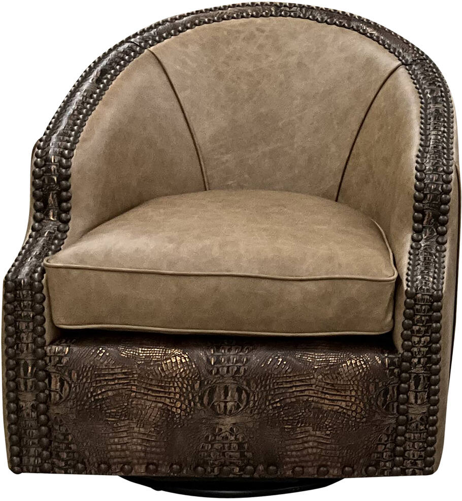 The Koodoo Swivel Chair in Palio Camel leather, featuring a curved back, Croc Copper Brown accents, and oil-rubbed bronze nailhead trim for a luxurious Western-inspired design.