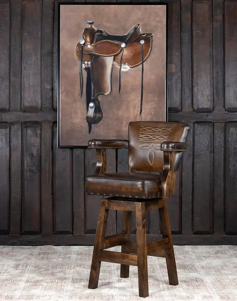 The Lamar County Brown Barstool placed in a rustic interior setting with matching decor.