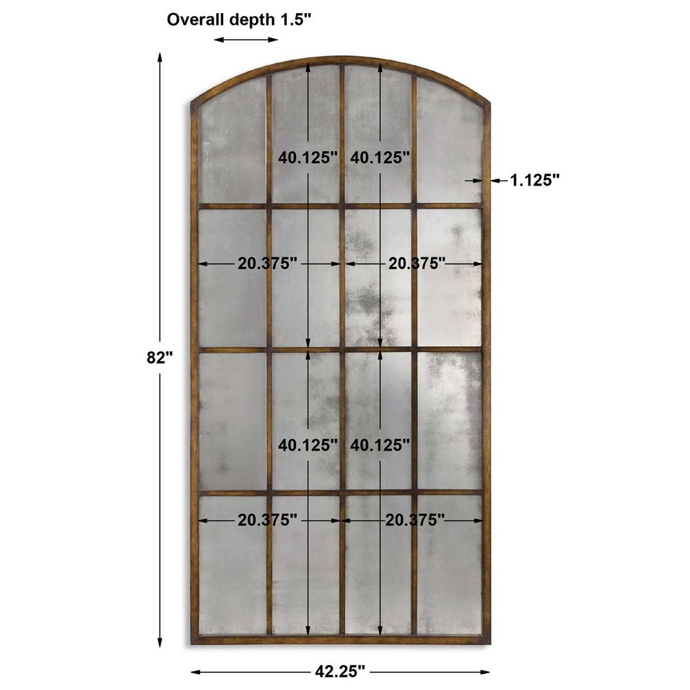 Rustic arched mirror featuring a weathered bronze finish and grid window design, perfect for industrial or farmhouse interiors.