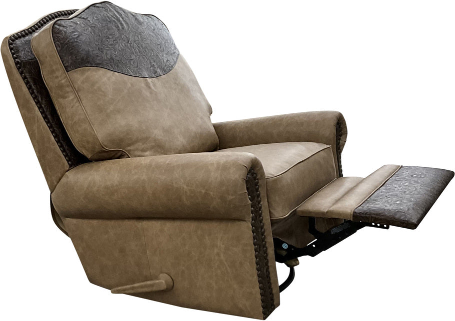 Close-up view of the Lauren Camel Floral Swivel Glider Recliner’s armrest, featuring hand-tooled floral leather detailing and expert craftsmanship.