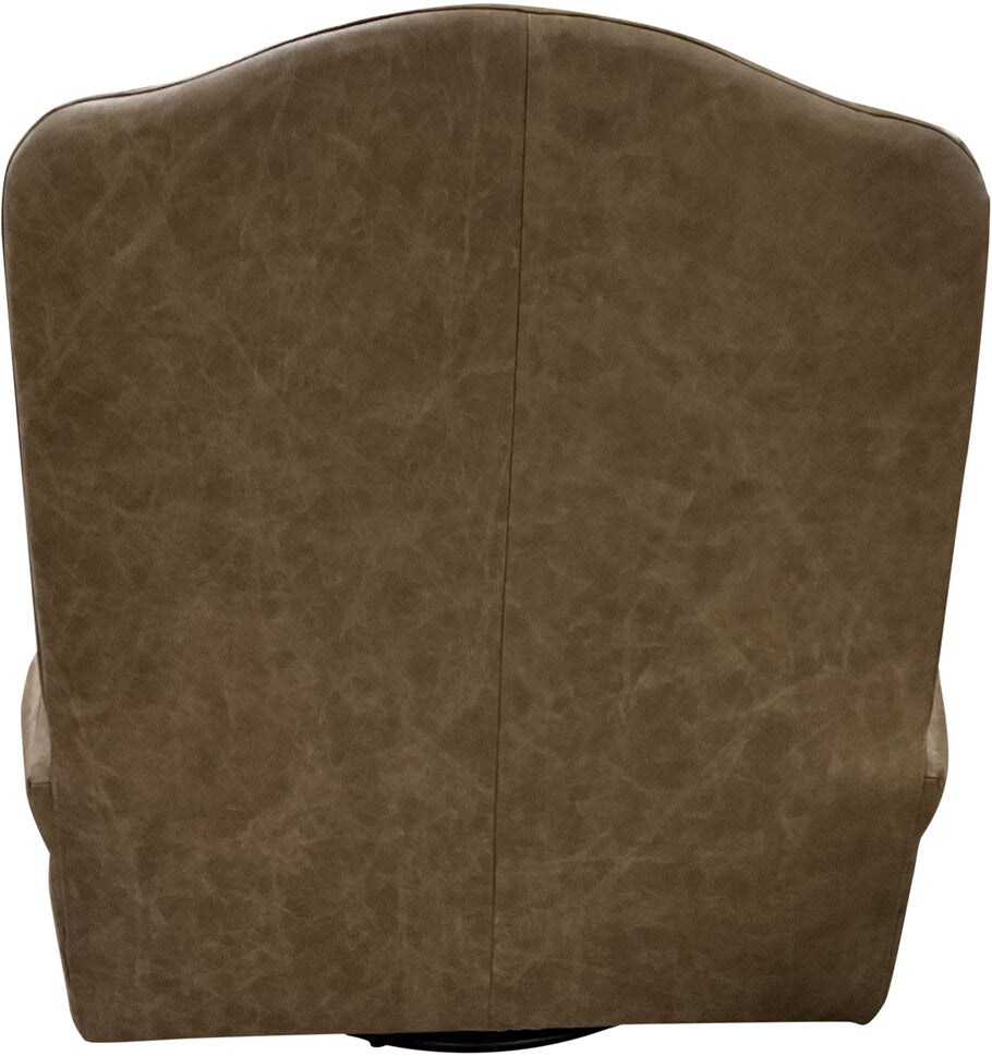 Back view of the Lauren Camel Floral Swivel Glider Recliner displaying its luxurious Palio Camel leather and elegant floral embossed accent panel.