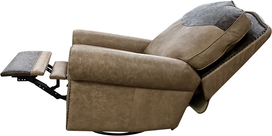 Lauren Camel Floral Swivel Glider Recliner in fully reclined position, demonstrating its ergonomic design and premium cushioning for ultimate relaxation.