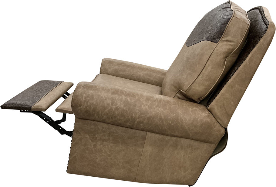 Side profile of the Lauren Camel Floral Swivel Glider Recliner highlighting its smooth glider and swivel mechanism for maximum comfort.