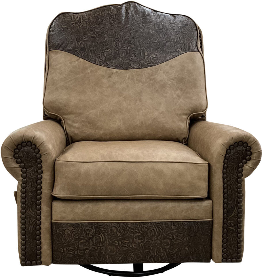 Front view of the Lauren Camel Floral Swivel Glider Recliner, featuring Palio Camel leather with Floral Bone Black accent leather and a plush cushioned seat.