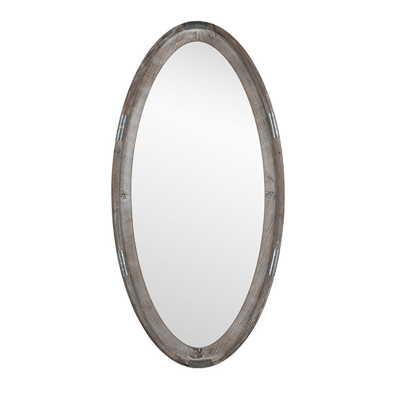 Round mirror with a wooden frame on a white background