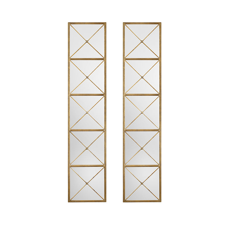 Two tall vertical mirrors with gold geometric frames on a white background