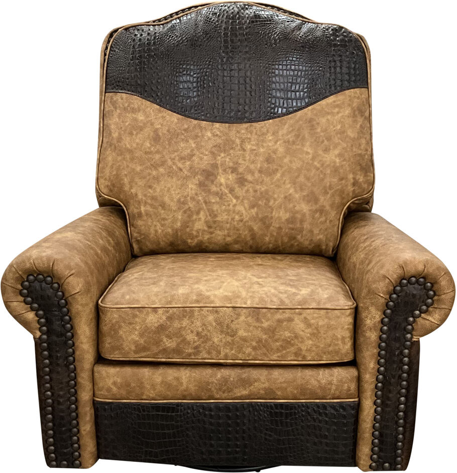 Front view of the Majestic Longhorn Swivel Glider Recliner, featuring Longhorn Saddle leather upholstery, Gator Hornback Rustic Walnut accents, and dark exotic cowhide detailing on the outer arms.