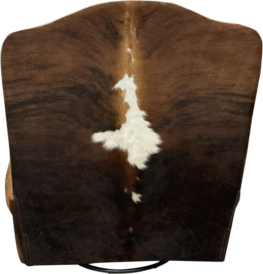 Rear view of the Majestic Longhorn Swivel Glider Recliner, highlighting the striking dark exotic and white cowhide covering the back for a bold Western aesthetic.