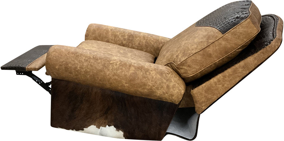 Side profile of the Majestic Longhorn Swivel Glider Recliner showcasing its plush cushioning, smooth reclining mechanism, and rustic Western-inspired materials.