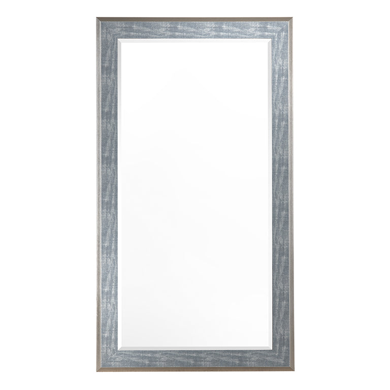Rectangular mirror with a textured silver frame on a white background