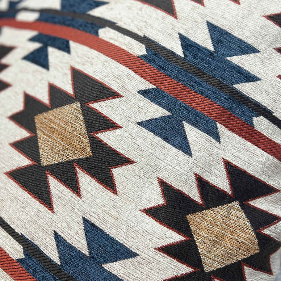 Detailed view highlighting the textured chenille jacquard fabric with sharp geometric stars and zigzag patterns.