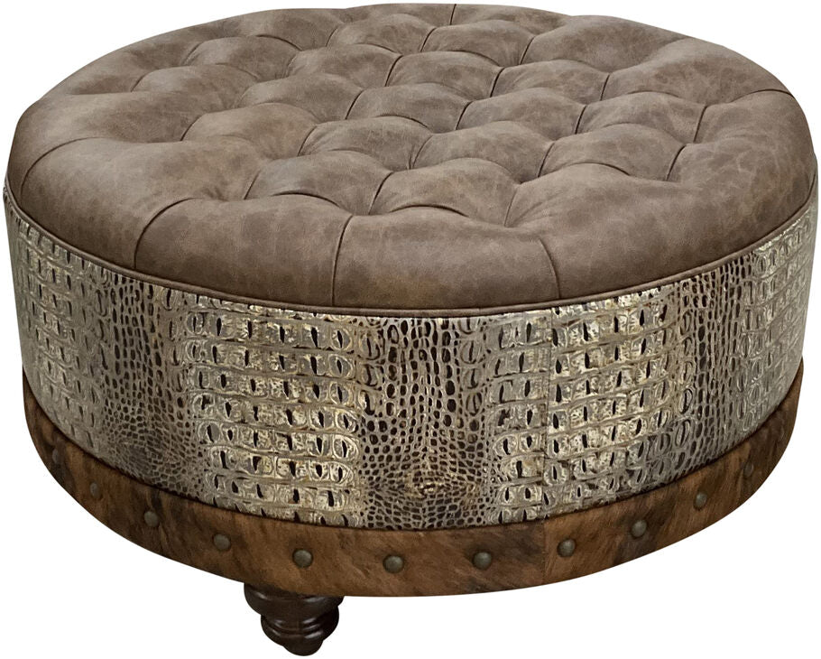 Side view of the Marshland Round Ottoman, featuring an Aged Gator Egyptian leather-wrapped middle section that adds texture and sophistication.