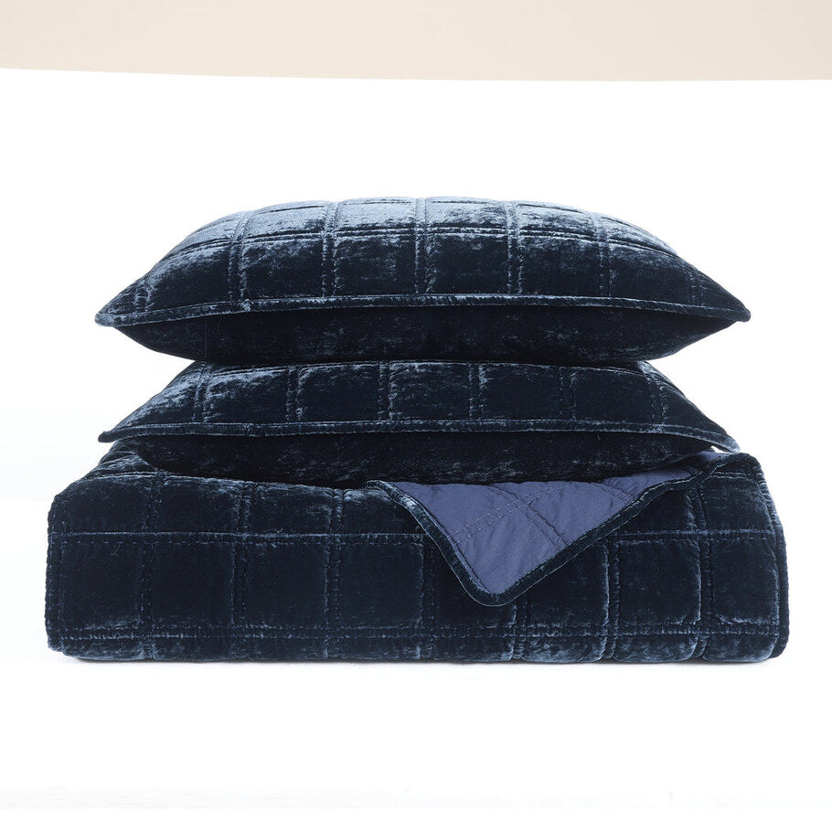 Midnight Blue Faux Silk Velvet Quilt Set featuring luxurious double box stitch quilting in a deep midnight blue hue.
