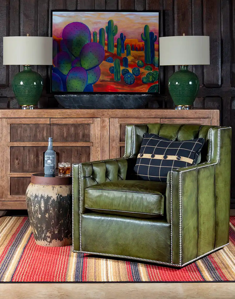 The Minty Swivel Chair placed in a living room setting, demonstrating its blend of classic design and modern comfort.
