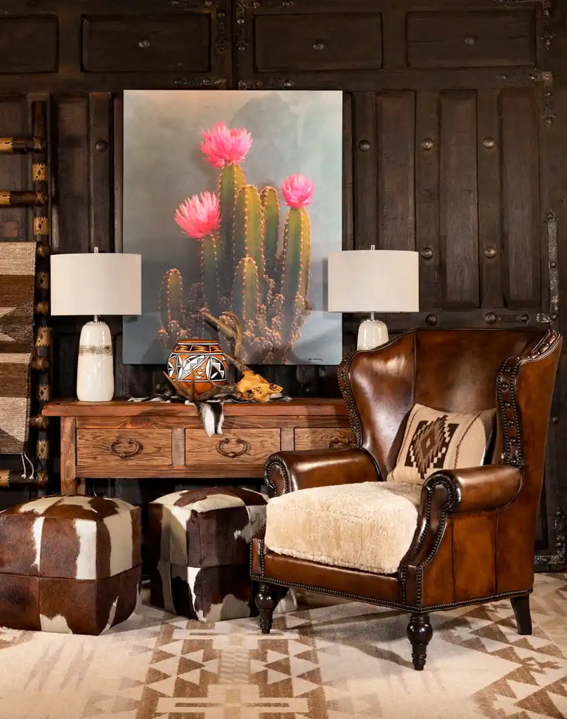 The Montana Leather Chair styled in a cozy Western-inspired living room, complementing a warm and elegant interior.